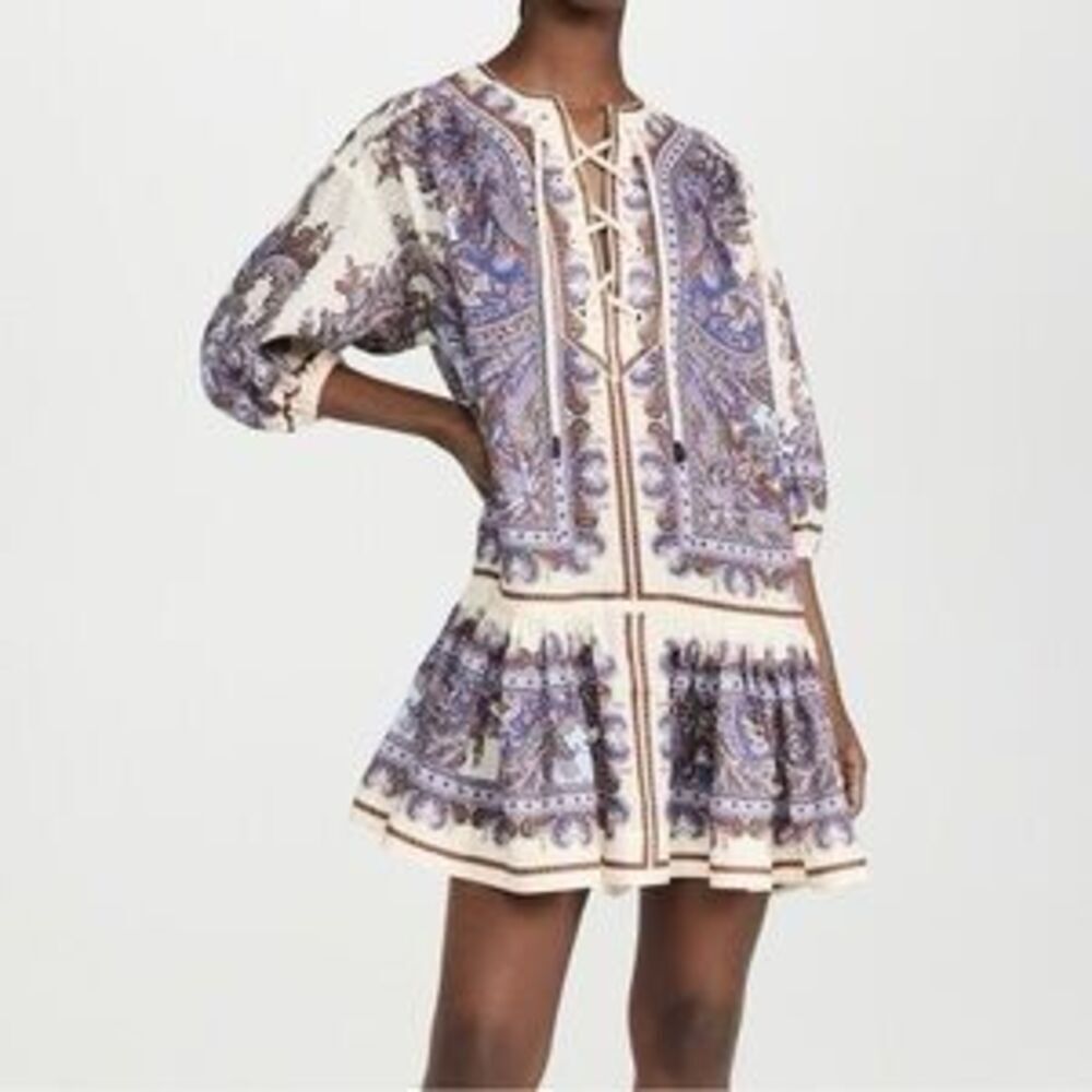 House of Harlow 1960 Linen Blend Lace-Up Puff Sleeve Mini Dress XS